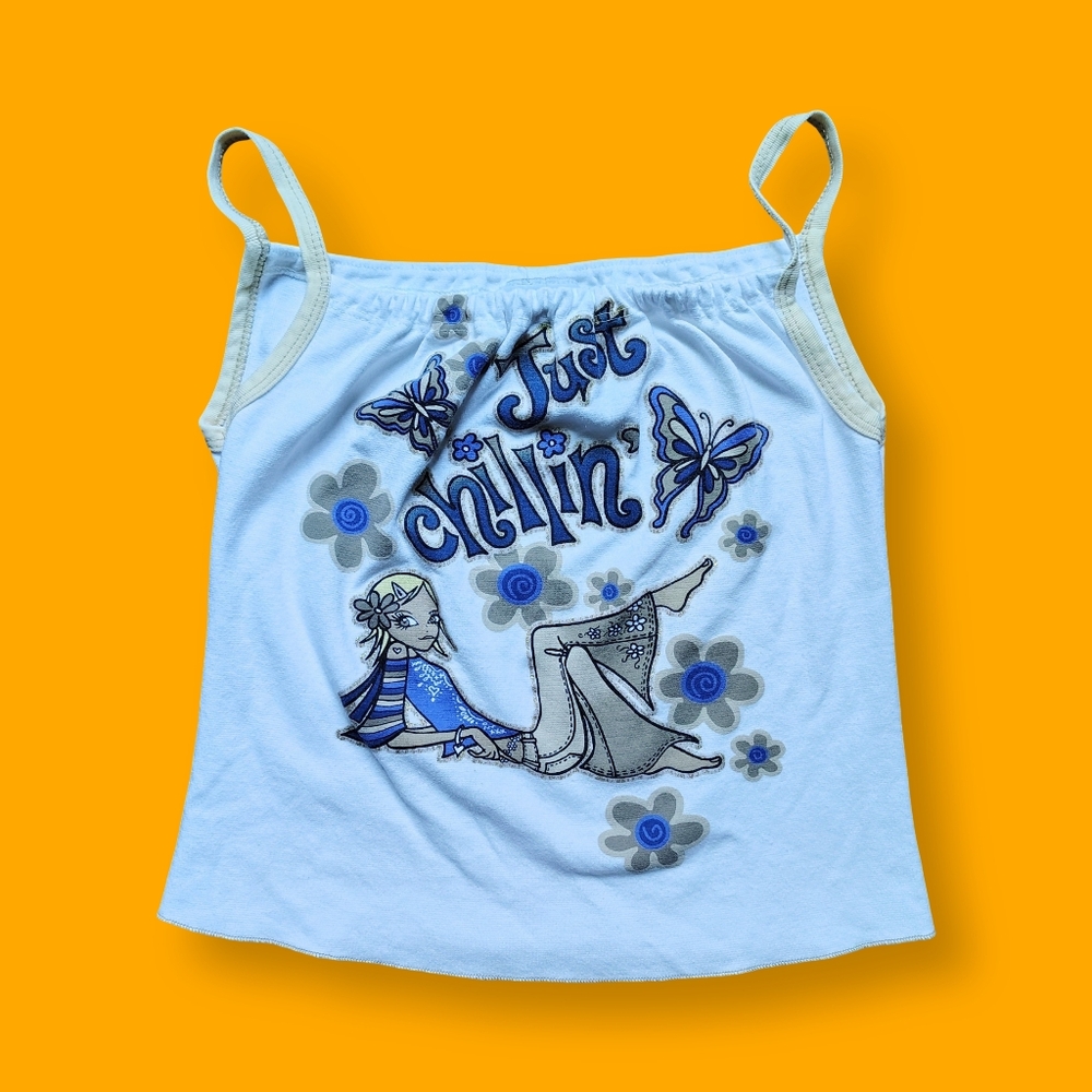 Y2K Girls L Cami Tank Top Fits Adult XS "Just Chillin" Butterfly Hippie Retro